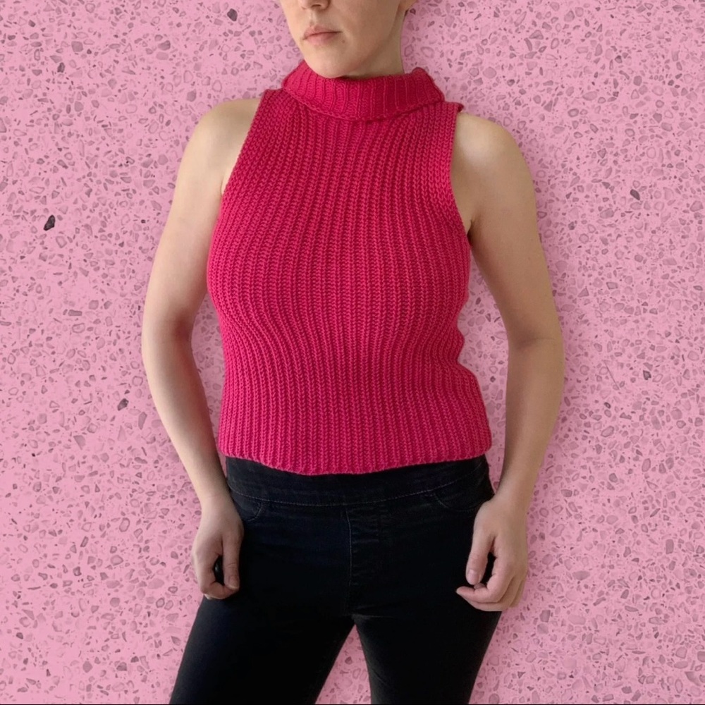 Vintage 1990s Y2K Rampage Pink Sleeveless Turtleneck Chunky Knit Sweater Tank
